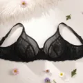 Black sheer lace underwire bra with unlined mesh design, breathable support and push-up cup. - 85C / Tops / Black