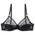 Detailed view of elegant black lace underwire bra with sheer floral cups and thin straps. - 44/100C / Tops / Black