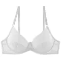 Detail view of a white lace unlined underwire bra showcasing delicate floral patterns and straps. - 34/75C / Tops / White