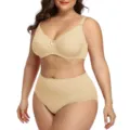 Plus size bra and high waist panty set, seamless thin breathable lingerie for full figures. - Bra 36/80C Panty L / Set / Nude