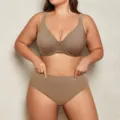 Plus size smooth bra and panties set, thin non-padded underwire bra in khaki, comfortable fit. - 38/85C / Top And Bottom / Khaki