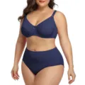 Plus size blue bra and high-waisted briefs underwear set for comfortable daily wear. - Dark Blue