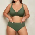 Plus-size smooth bra and panties set in olive green, featuring comfortable thin wired cups. - Dark Green