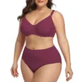Plus size bra and high waist brief set, comfortable thin seamless lingerie for women. - Burgundy