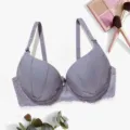 Comfortable grey lace padded push up bra detail view showing exquisite bow and strap design. - Purple