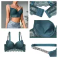Dark green lace push-up bra for women with rhinestone letter straps and supportive molded cups. - 34/75 / Tops / B/C Cup / Green