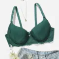 Dark green lace push-up bra with delicate bow and floral fringe, comfortable fit. - 36/80B / Green
