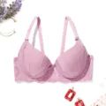 Detailed view of the purple lace push-up bra, featuring delicate lace trim and ribbon. - Pink