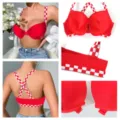 Women's red push-up bra with chic plaid straps and front closure for daily comfort and style. - 34/75 / Tops / C Cup / Red