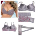 Women floral print push up bra lace trim adjustable straps daily underwear grey purple - 40/90 / Tops / B Cup / Gray