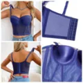Women's blue bustier bra corset top with sheer mesh paneling and adjustable straps. - 38/85 / Tops / B/C Cup / Blue