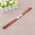 Women stretch elastic waist belt with elegant double pearl buckle for daily dress sweater accessory - Camel