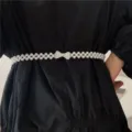 Pearl waist belt for women, elastic beaded dress belt with rhinestone bow fashion accessory. - Bow