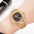 Montre quartz élégante pour femme avec lunette en cristal et bracelet en acier doré. - Cadran Noir Or