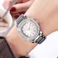 Montre élégante pour femme avec lunette en strass et bracelet en acier accessoire mode - Boîtier Argent Cadran Blanc