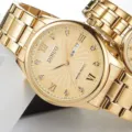 Montre à quartz dorée DINUO pour hommes et femmes, bracelet en acier, strass, calendrier. - Cadran Doré Bracelet Doré Hommes