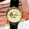 Heren automatisch mechanisch horloge gouden kast zwarte lederen band skeleton luxe - Gouden Wijzerplaat Gouden Kast Zwarte Band