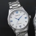 DINUO Edelstahl Quarzarmbanduhr mit weißem Zifferblatt Römischen Ziffern und Zirkonia - Kein Kalender Weiß Zifferblatt Silber Band Herren