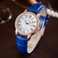Women quartz watch with blue leather strap rose gold rhinestone dial fashion casual timepiece. - Blue