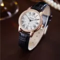 Women's quartz watch rose gold case black leather strap rhinestone bezel elegant dress timepiece - Black