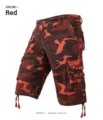 Men's red camo cargo shorts with multiple utility pockets and adjustable drawstring hem. - Brick Red