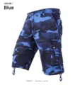 Detailed view of men's blue camouflage cargo shorts featuring multi-pocket design and drawcords. - Sky Blue