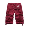 Men's red cargo shorts with multi pockets casual knee length five pocket cotton trousers - 30 / Burgundy