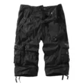Men's black multi-pocket cargo shorts casual loose fit cotton capri trousers streetwear fashion. - Black