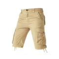 Men khaki cargo shorts detail showing multi-pockets, sturdy fabric and adjustable hem cords. - 30 / Bottoms / Khaki