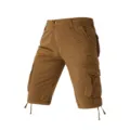 Close-up of men's brown cargo shorts detail showing side pockets, fabric and hem cords. - Brown