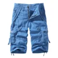 Men pure cotton multi-pocket cargo shorts casual loose fit summer 3/4 length pants blue - Blue