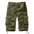 Men's green cargo shorts casual cotton multi-pocket loose fit cropped trousers for summer wear. - 29 / Army Green