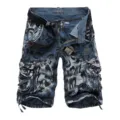 Men's camouflage cargo shorts with multiple pockets, loose fit casual knee-length pants. - 29 / Blue Camouflage