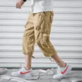 Men's casual loose multi-pocket cargo crop pants in khaki, ideal for outdoor sports and wear. - 29 / Khaki