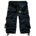 Mens dark blue multi pocket cargo shorts casual military style summer shorts with belt - Dark Blue