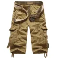 Men's casual multi-pocket cargo shorts khaki knee-length relaxed fit trousers with belt. - 29 / Khaki
