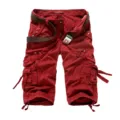 Men's Red Cargo Shorts Multi-Pocket Casual Capris 7/8 Length Summer Loose Fit Trousers - 29 / Burgundy