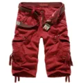 Men's red cargo shorts 3/4 length casual multi-pocket military style casual shorts with belt - 29 / Burgundy
