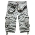 Men grey cargo shorts multi pocket casual outdoor trousers summer cotton shorts with belt - 29 / Grayish White