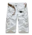 Men White Cargo Shorts Multi Pocket Casual Outdoor 3/4 Length Pants with Canvas Belt - 38 / White