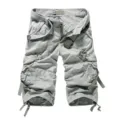 Men's grey cargo capri shorts with multiple pockets, casual loose fit knee-length trousers. - Light Gray
