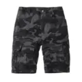 Detail view of mens camo cargo shorts featuring multiple tactical pockets and dark grey camouflage. - 38 / Gray Camouflage