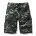 Detailed view of men's camouflage cargo shorts featuring multi-pocket design and durable fabric. - 30 / Army Green