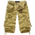 Men's casual khaki cargo shorts with multiple utility pockets and belt, comfortable fit for summer. - 29 / Khaki