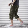 Mens military green cargo shorts multi-pocket casual streetwear knee-length pants - 29 / Army Green