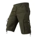 Detailed view of dark green cargo shorts with multiple side pockets and drawstrings. - Army Green