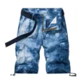 Men's tie-dye cargo shorts casual summer multi-pocket denim style five-point trousers with belt - 30 / Blue