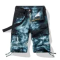 Men's tie-dye cargo shorts casual summer five-point workwear shorts with belt and pockets - 30 / Black