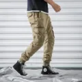 Men's casual cargo pants, multi-pocket tactical trousers with elastic cuffs, khaki. - 29 / Khaki
