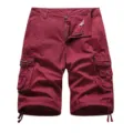 Summer Men's Cargo Shorts Casual Loose Multi-Pocket Burgundy Drawstring Short Pants - 30 / Red